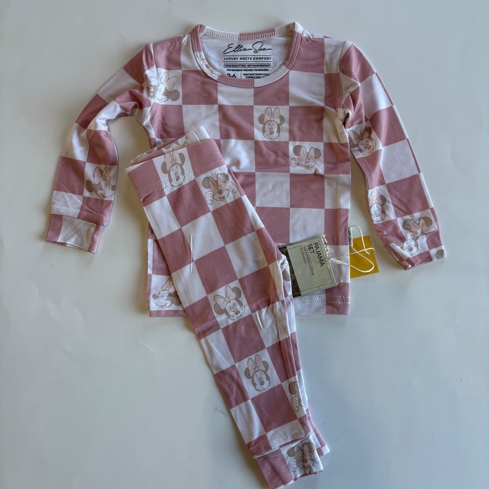 Minnie Mouse & Friends Bamboo PJ Set Infant 6-12M Pink Check LS Pants NEW